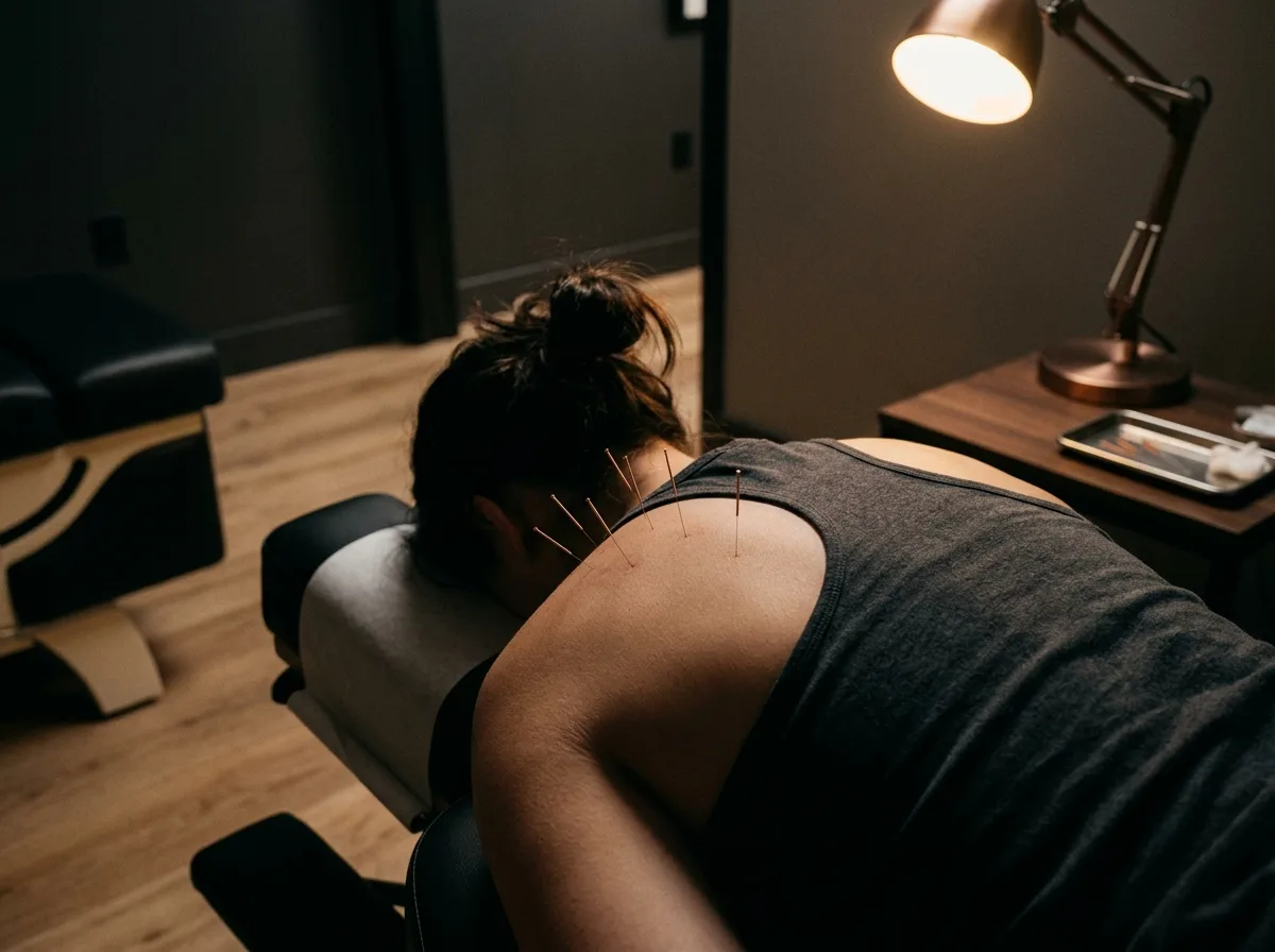 Acupuncture needles placed in a patient's upper trapezius and shoulder